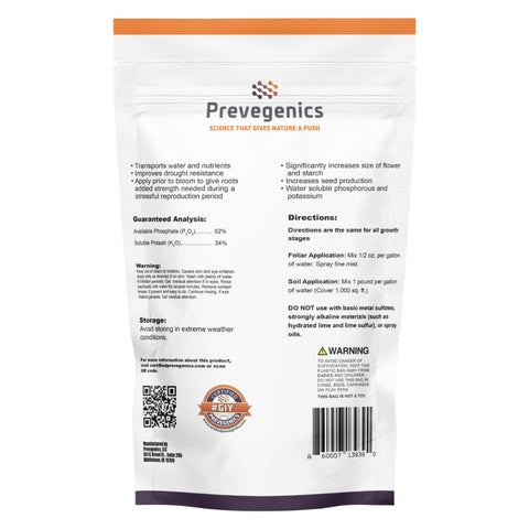 Prevegenics MKP fertilizer bottle pour demonstrates easy foliar or soil drench application.