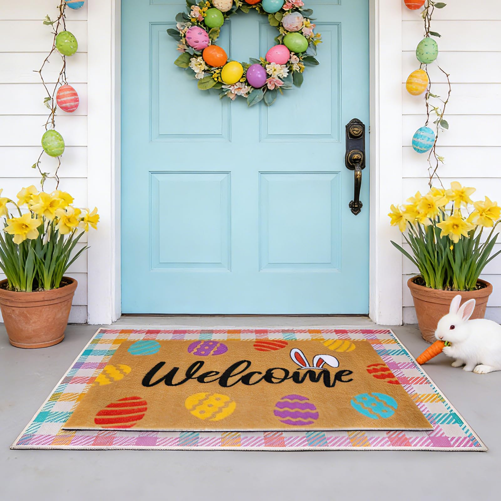 Dual-texture Easter mat scrapes dirt while remaining soft underfoot
