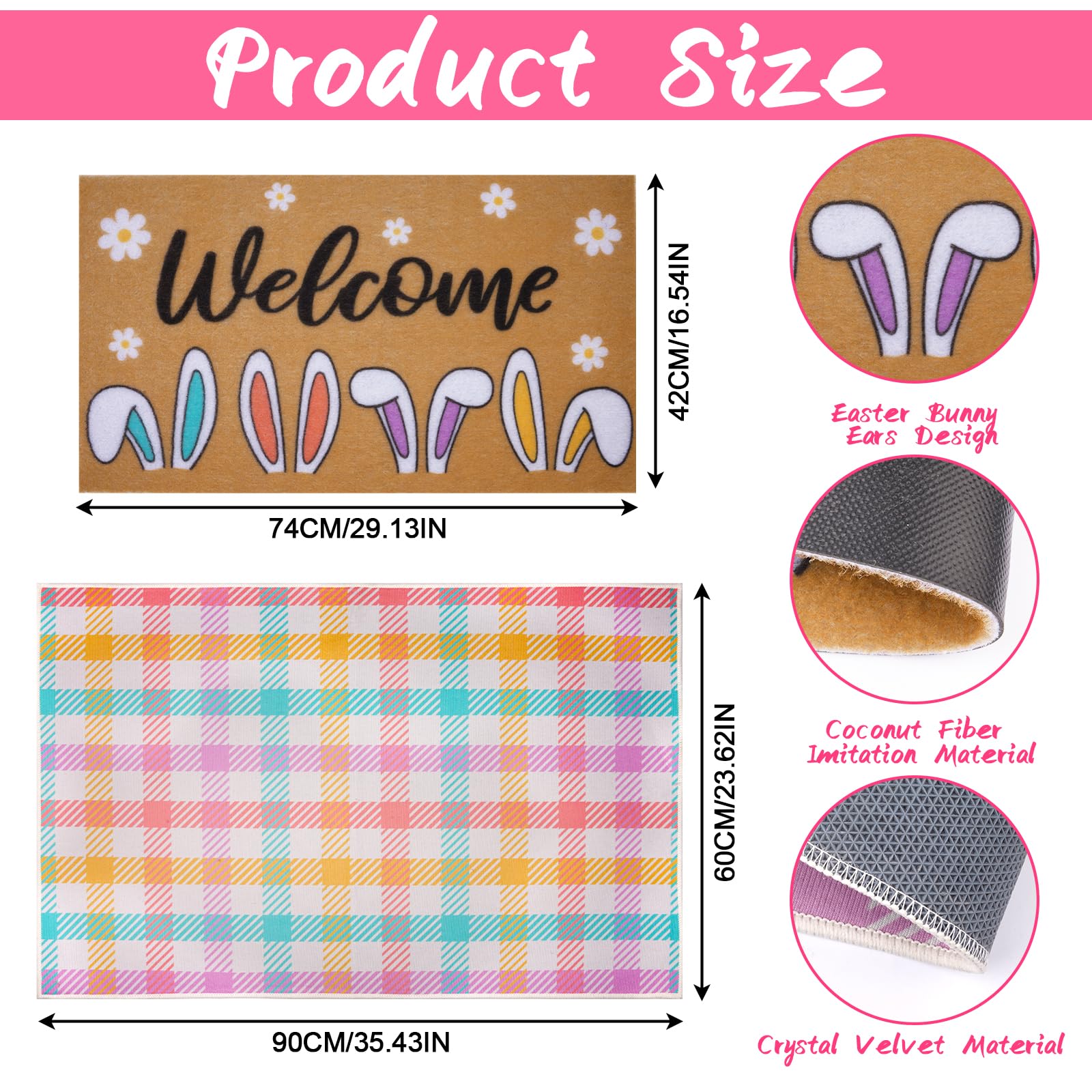 Prewplam Easter Bunny Welcome Mat dual texture for dirt scraping and comfort.