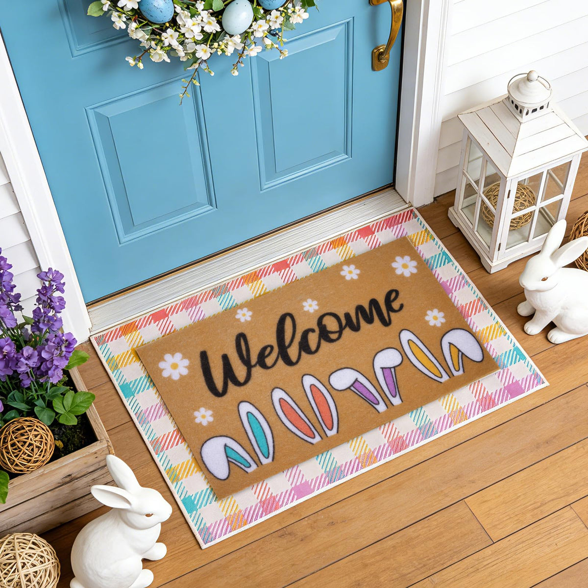 Prewplam Easter Bunny Welcome Mat front door with non-slip outdoor stability.