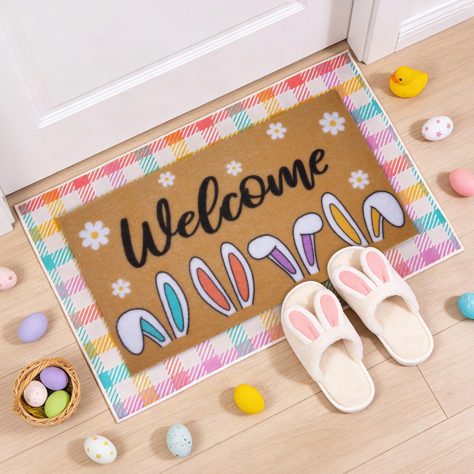 Prewplam Easter Door Mat washable for easy maintenance.