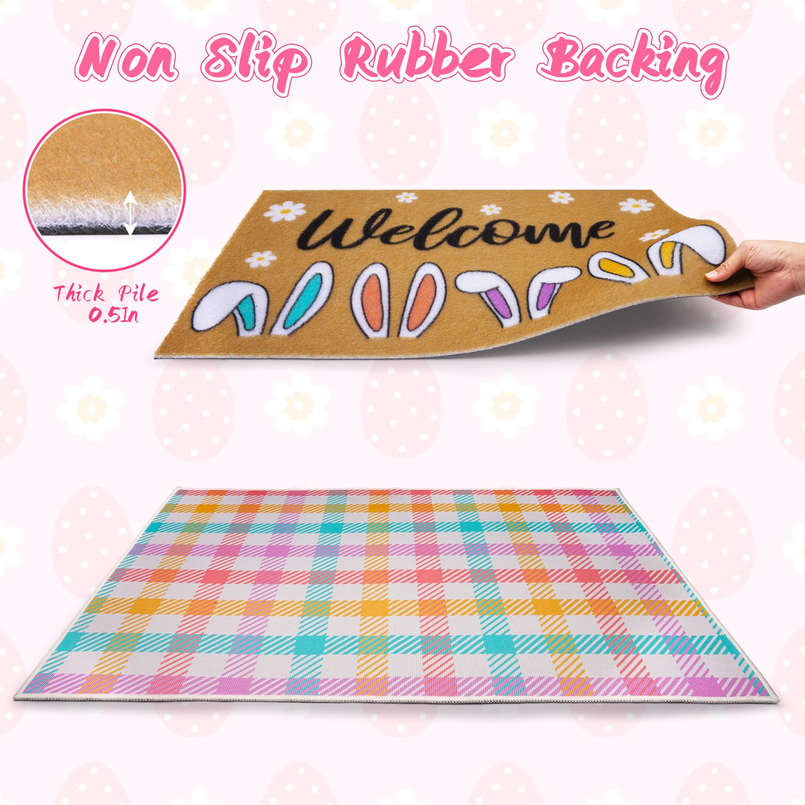 Prewplam Easter Doormat Set non-slip backing keeps mats stable on decks.