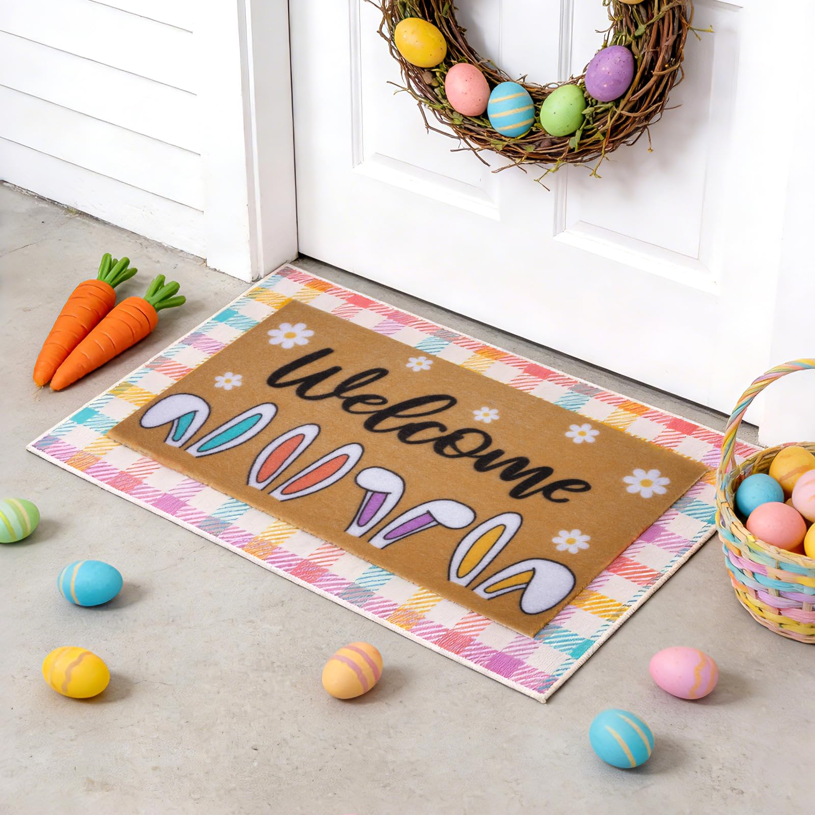 Prewplam Easter Spring Welcome Mats brighten outdoor entry steps.