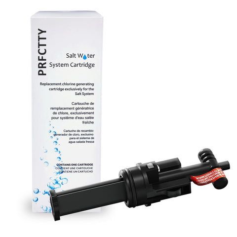 PRFCTTY salt system cartridge close-up with titanium generator for automated spa sanitization.