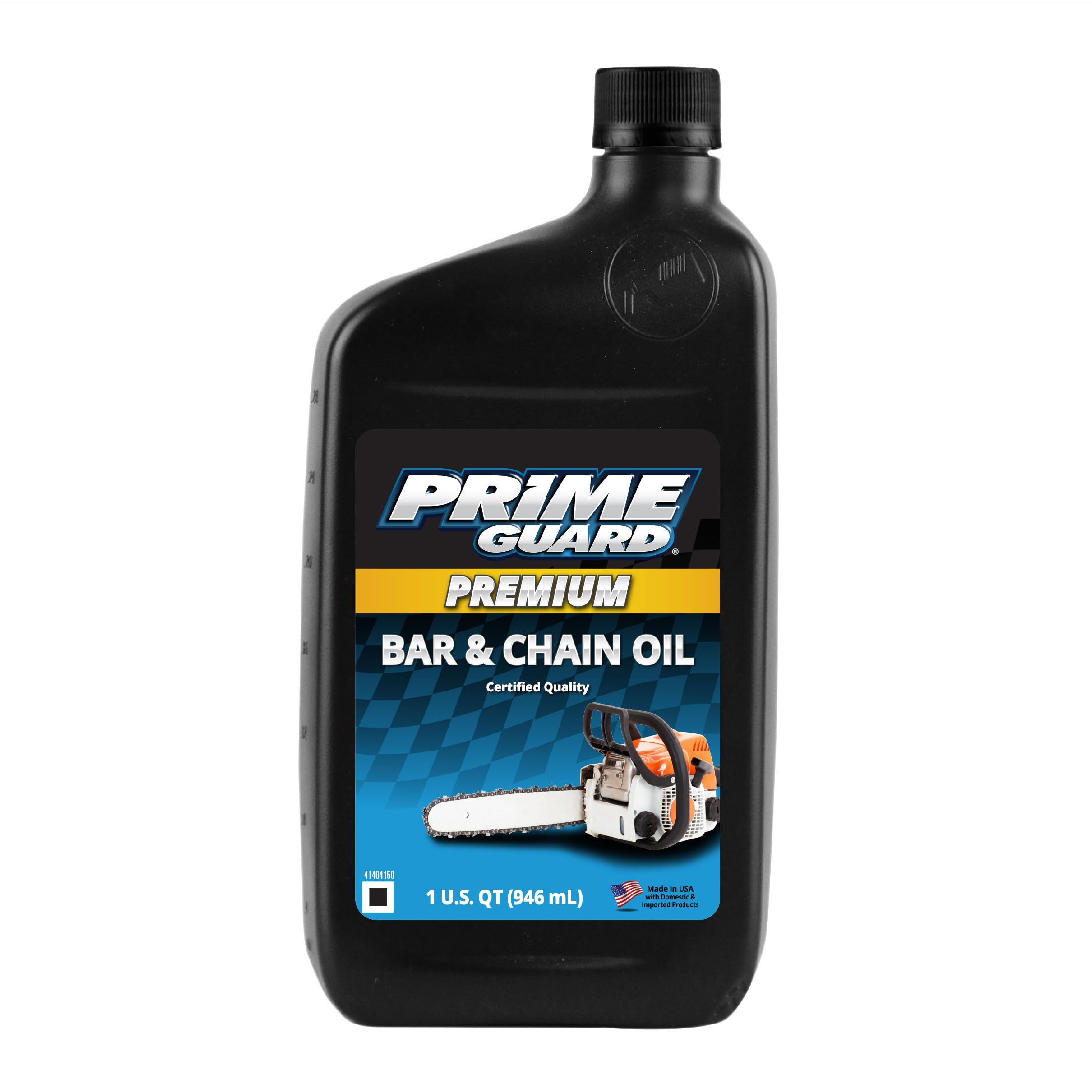 Prime Guard Bar and Chain Oil bottle front showing lubrication benefits for chains.