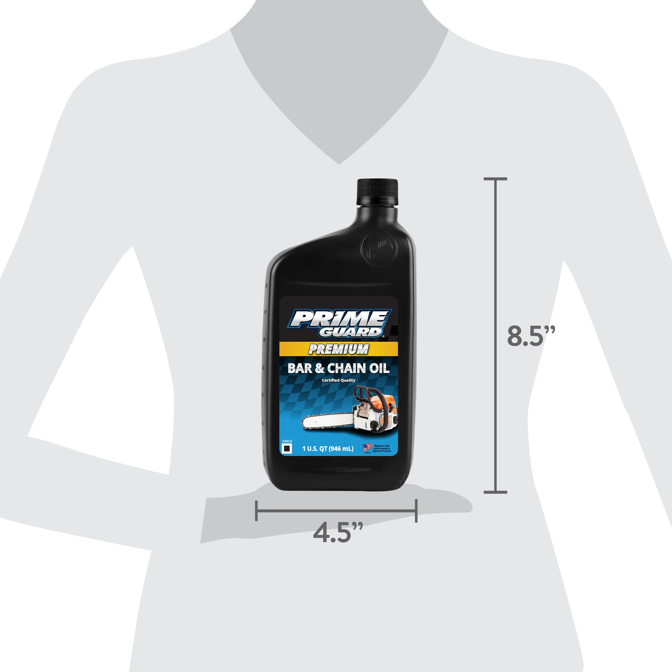 Prime Guard Bar and Chain Oil close-up illustrating corrosion protection.