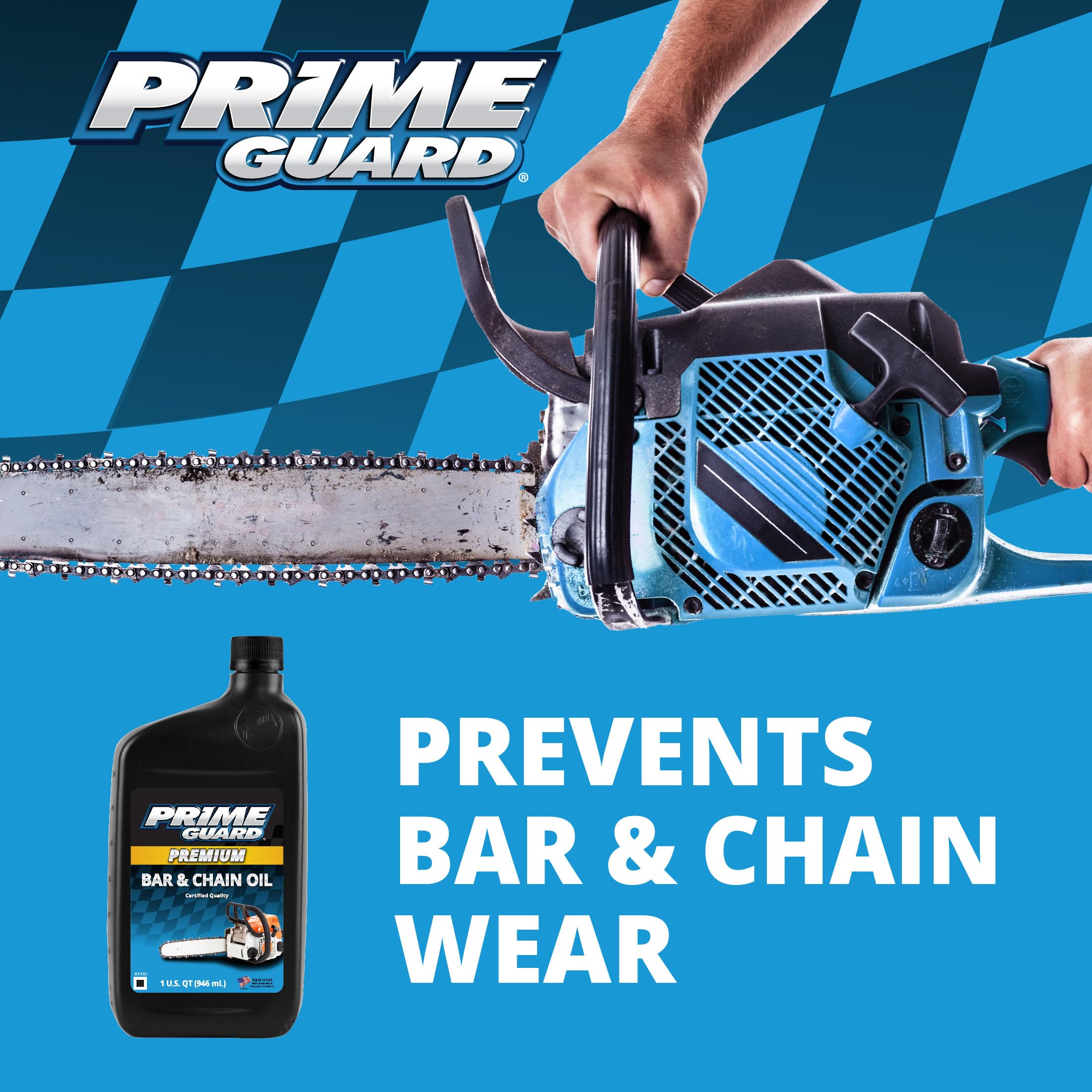 Prime Guard Bar and Chain Oil label close-up highlighting protection.