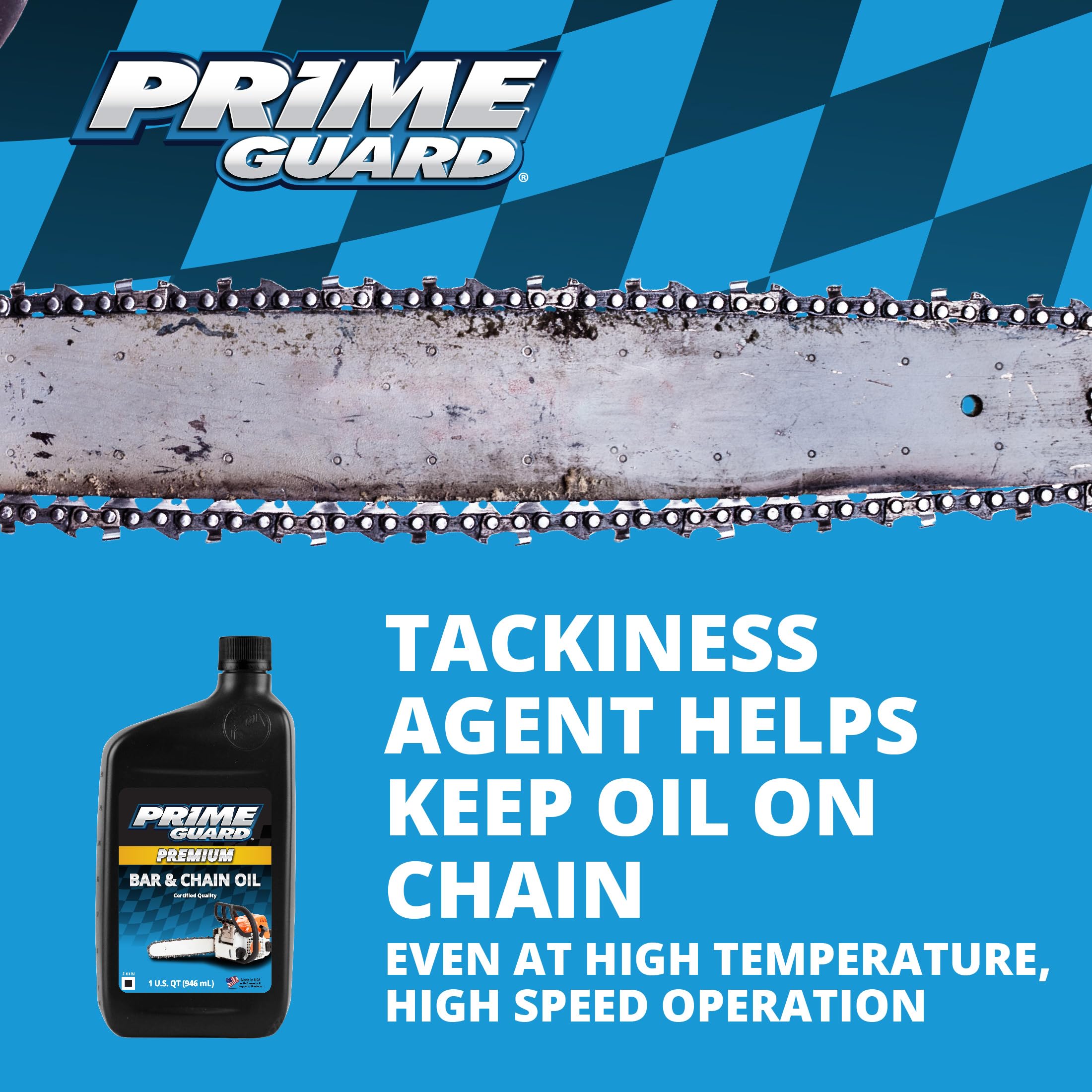 Prime Guard Bar and Chain Oil viscosity close-up showing tackiness.