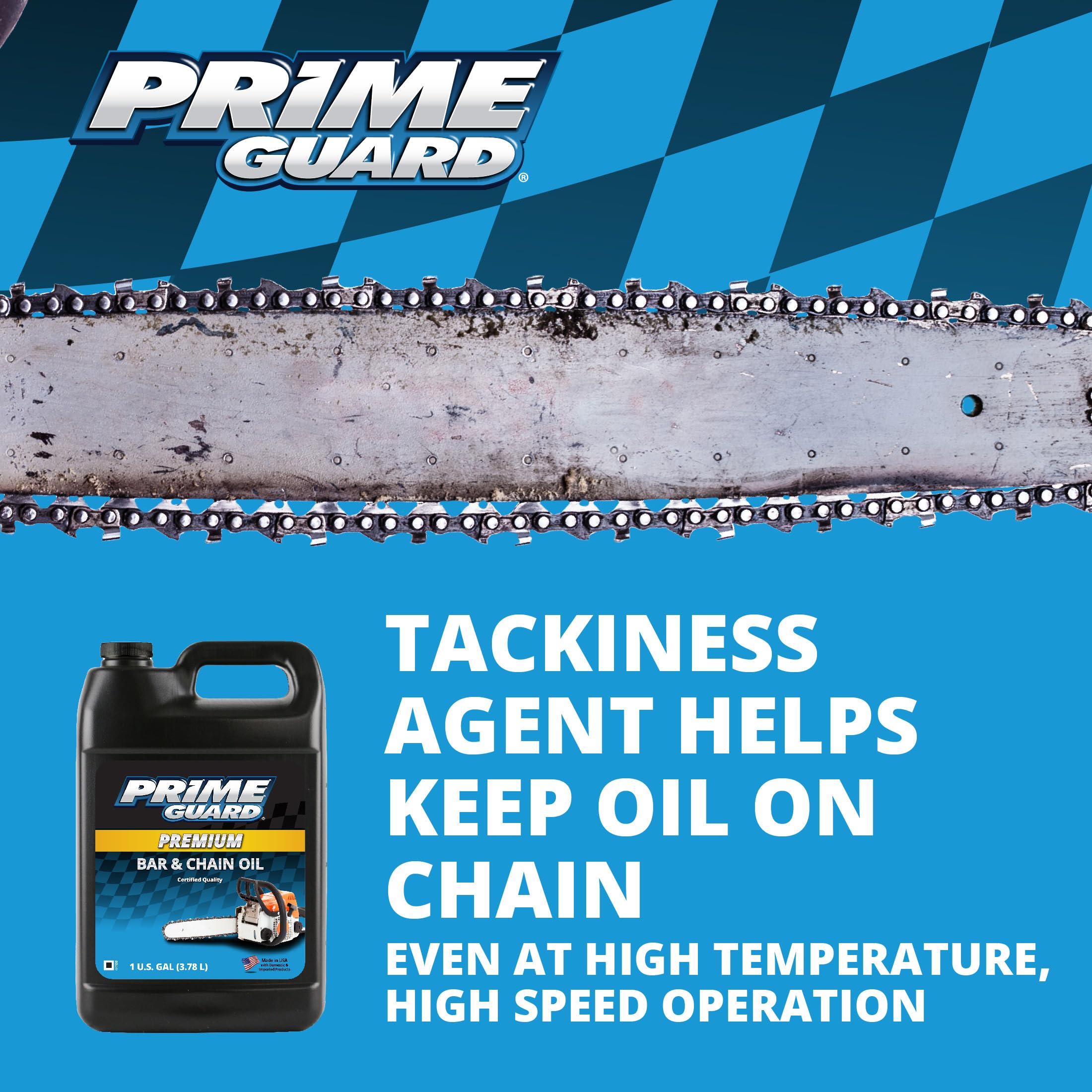 Prime Guard Bar & Chain Oil 1-gallon container on shelf conveys bulk value and reliable supply.