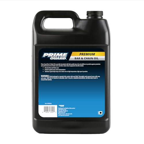 Prime Guard Bar & Chain Oil nozzle pour demonstrates easy application and quick lubrication for woodcutting.