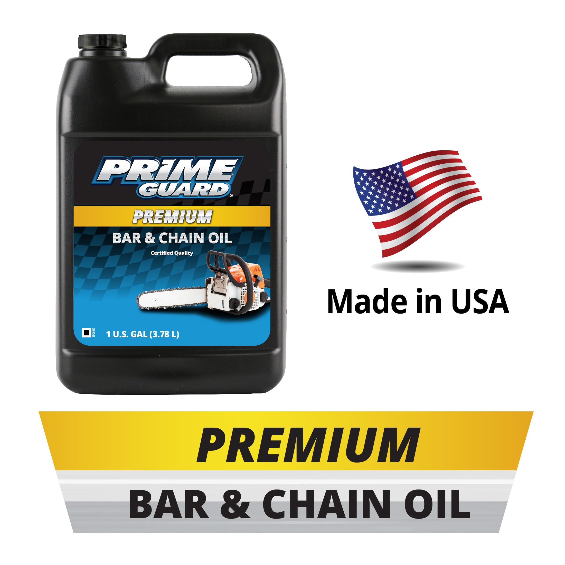 Prime Guard Bar & Chain Oil packaging for easy storage on site.