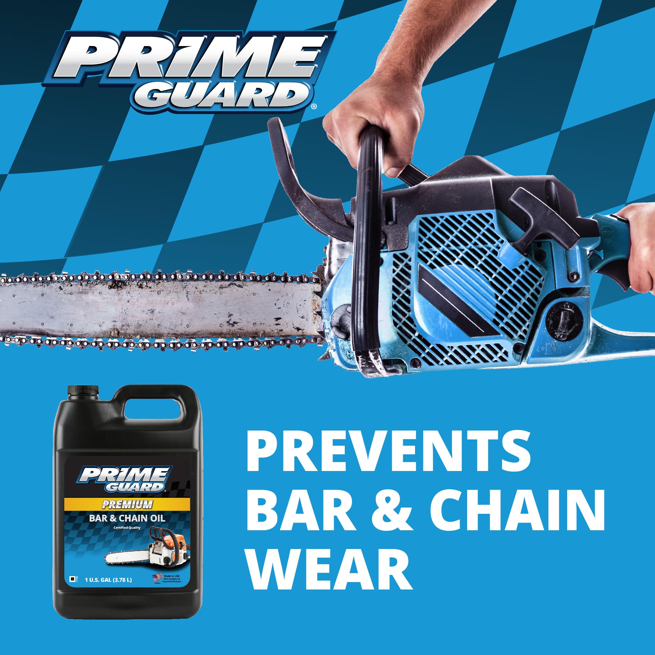 Prime Guard Bar & Chain Oil pouring bottle for quick application.