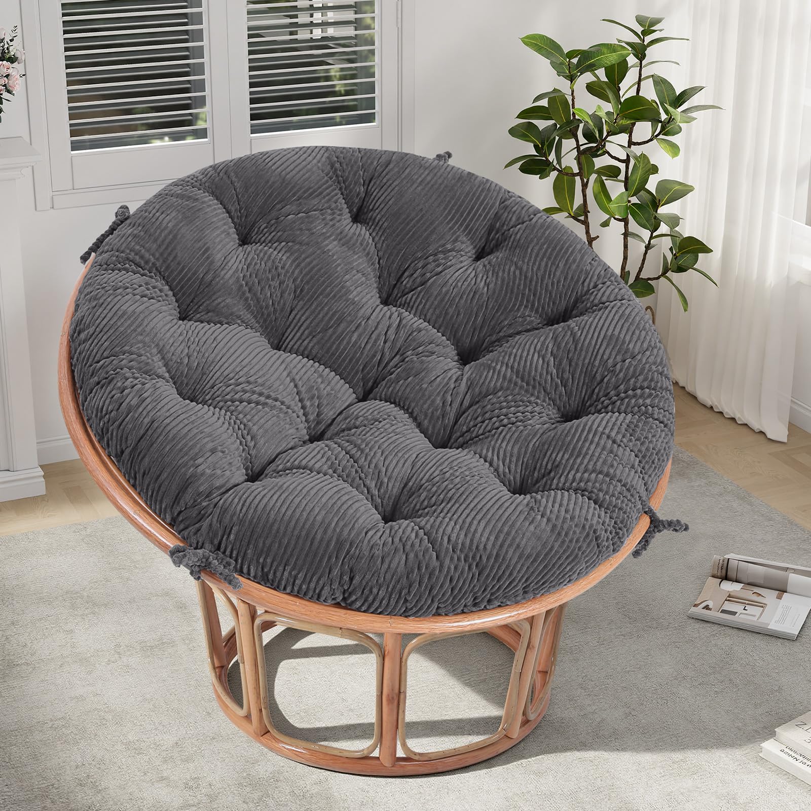 PrimePATIO papasan cushion grey closeup tufted texture for cozy seating.
