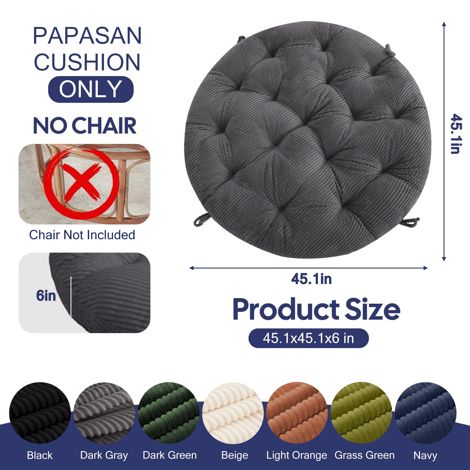 PrimePATIO papasan cushion grey detailed stitching enhances durability and style.