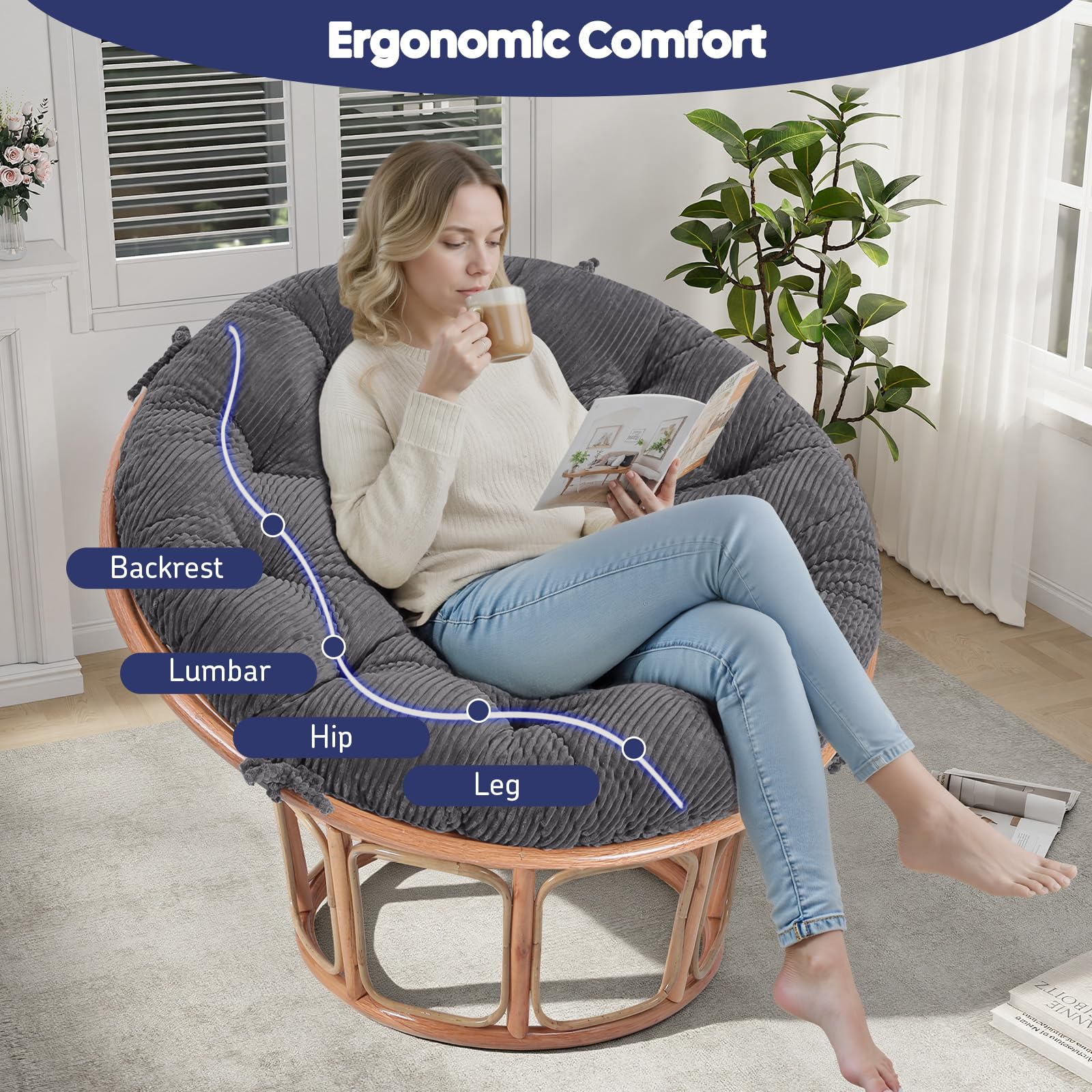 PrimePATIO papasan cushion grey with ties secures to chairs for stability.