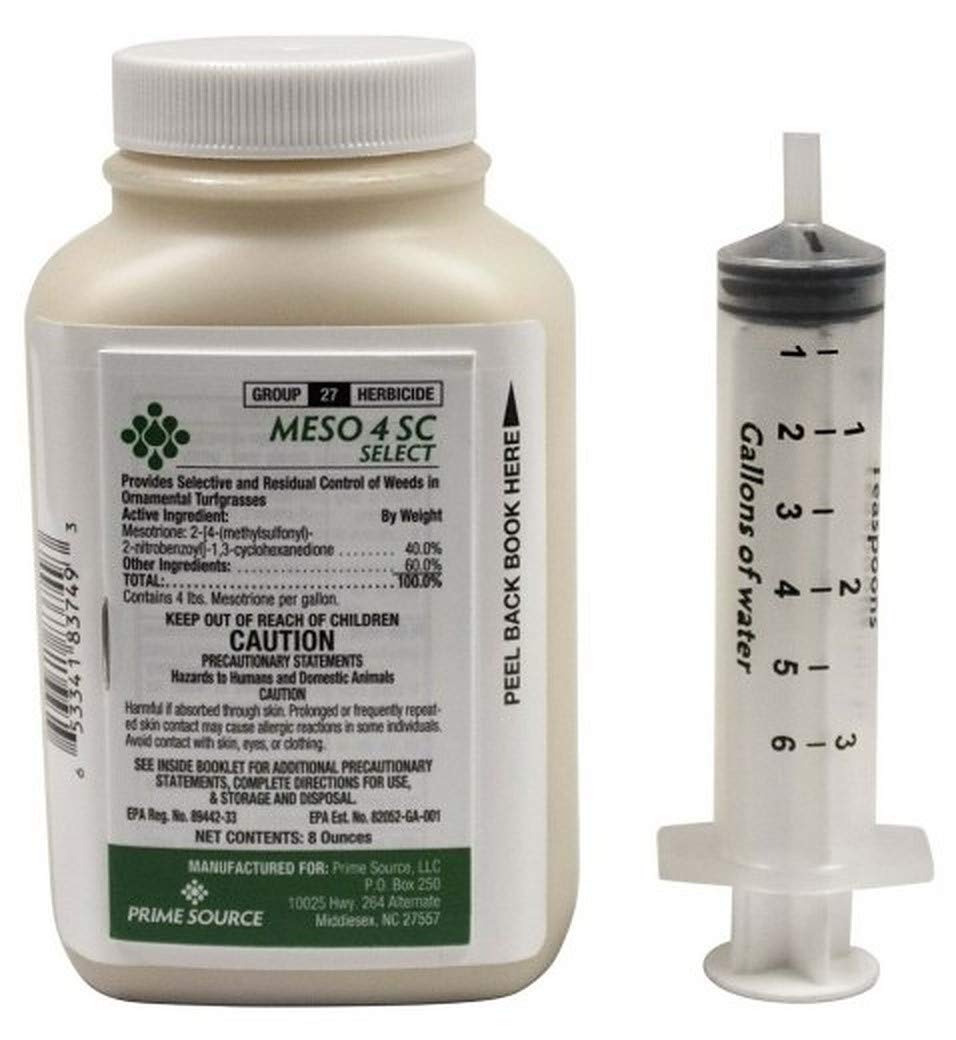 Primesource Meso 4 SC Select bottle label for turf weed control and dosing guidance.