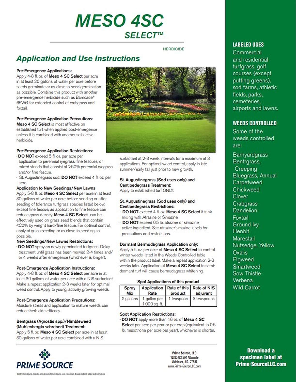 Primesource Meso 4 SC Select field application aiding weed suppression in turfgrass.