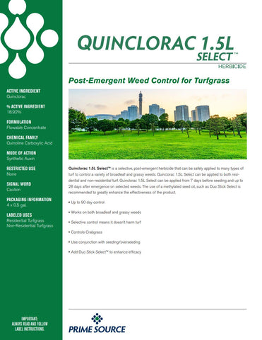 Primesource Quinclorac Select label close-up highlighting active ingredient.