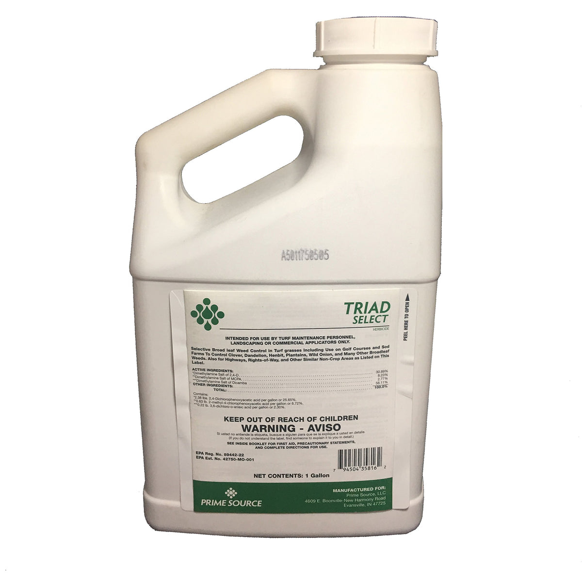 Primesource Triad Select bottle label showing weed control for turf and non-crop areas