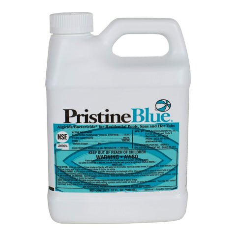Pristine Blue 32oz bottle shows the non-chlorine system for safer pool maintenance