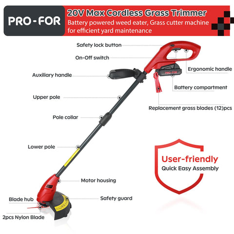 PRO-FOR 20V nylon blade cutting through thick grass.