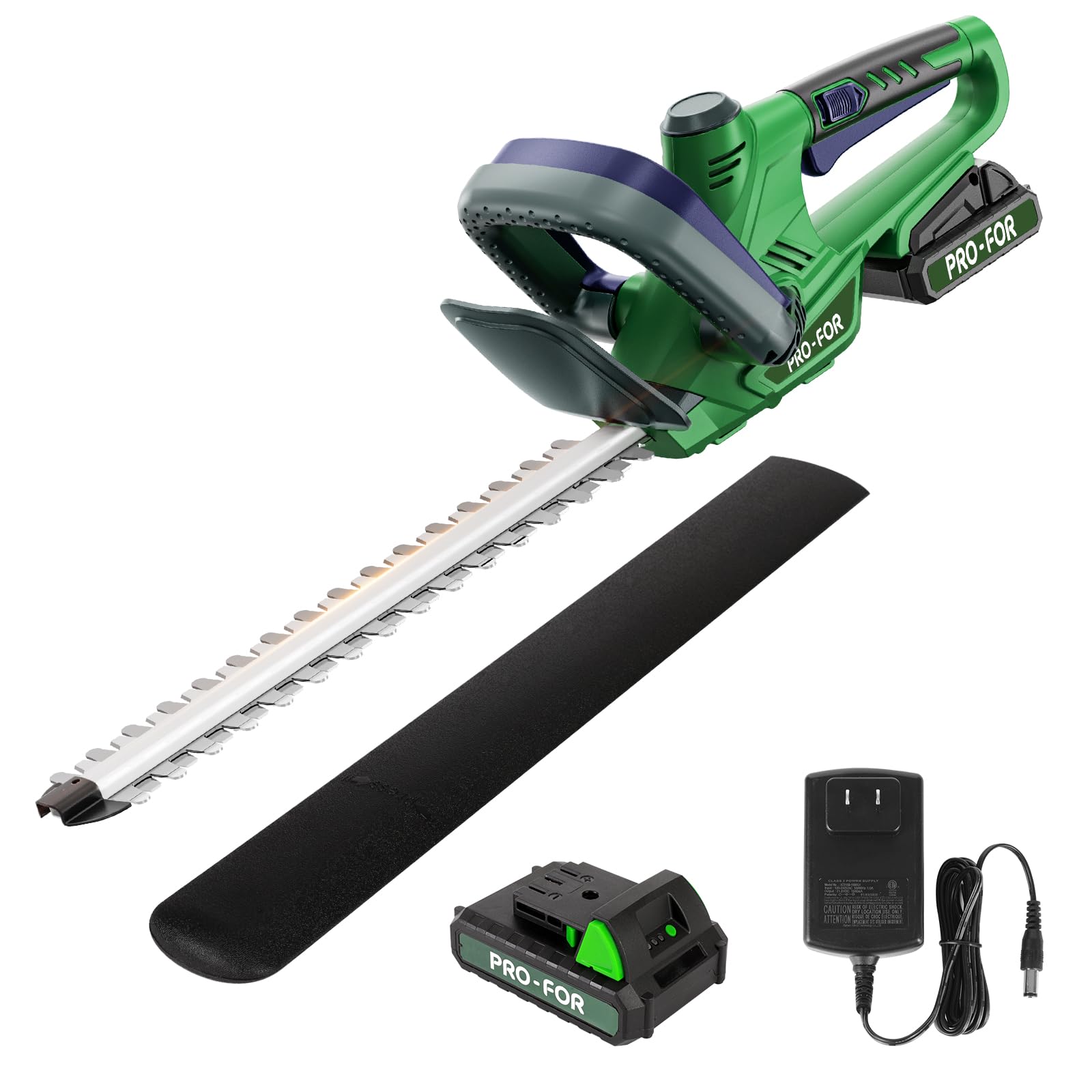 PRO-FOR hedge trimmer with battery and charger for instant yard-ready trimming.