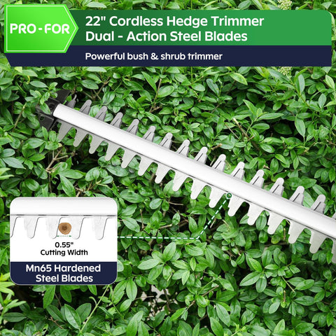PRO-FOR hedge trimmer with 22-inch dual-action blade for smooth cuts.