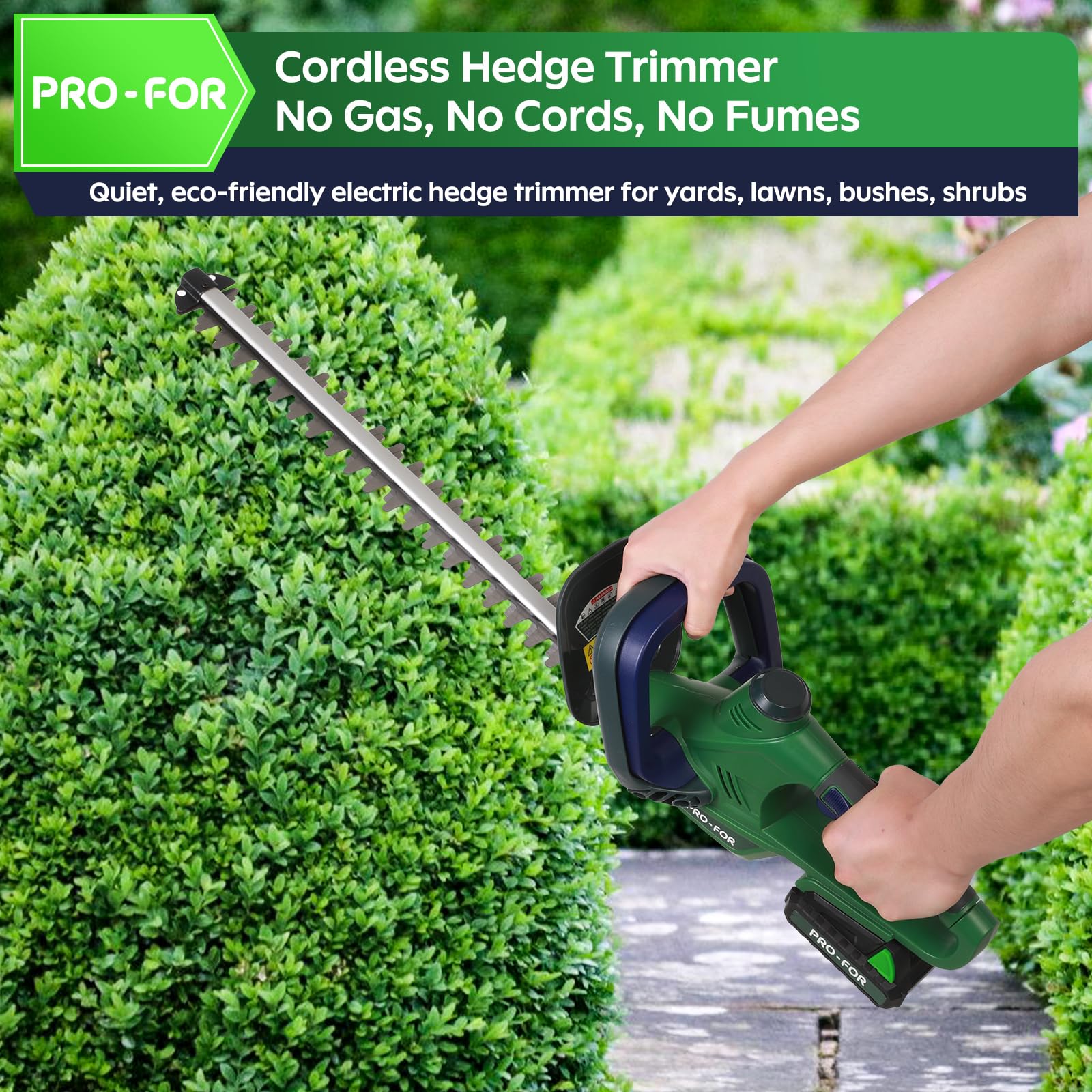 PRO-FOR hedge trimmer with universal battery compatibility for flexible setup.