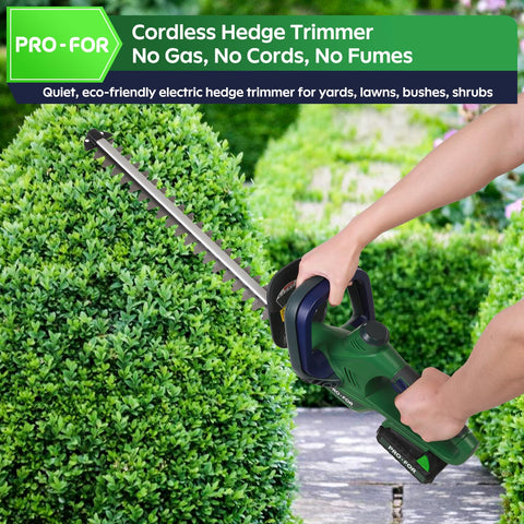PRO-FOR hedge trimmer with universal battery compatibility for flexible setup.