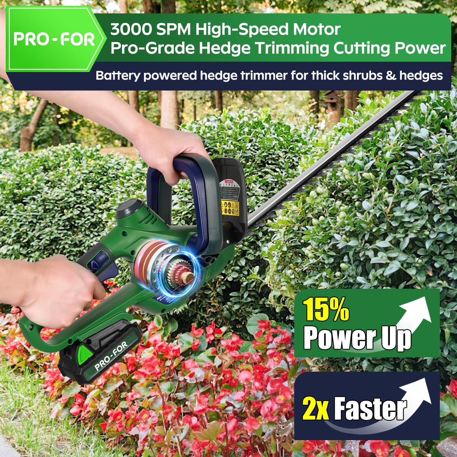 PRO-FOR hedge trimmer lightweight 4.5 lb design for effortless overhead use.