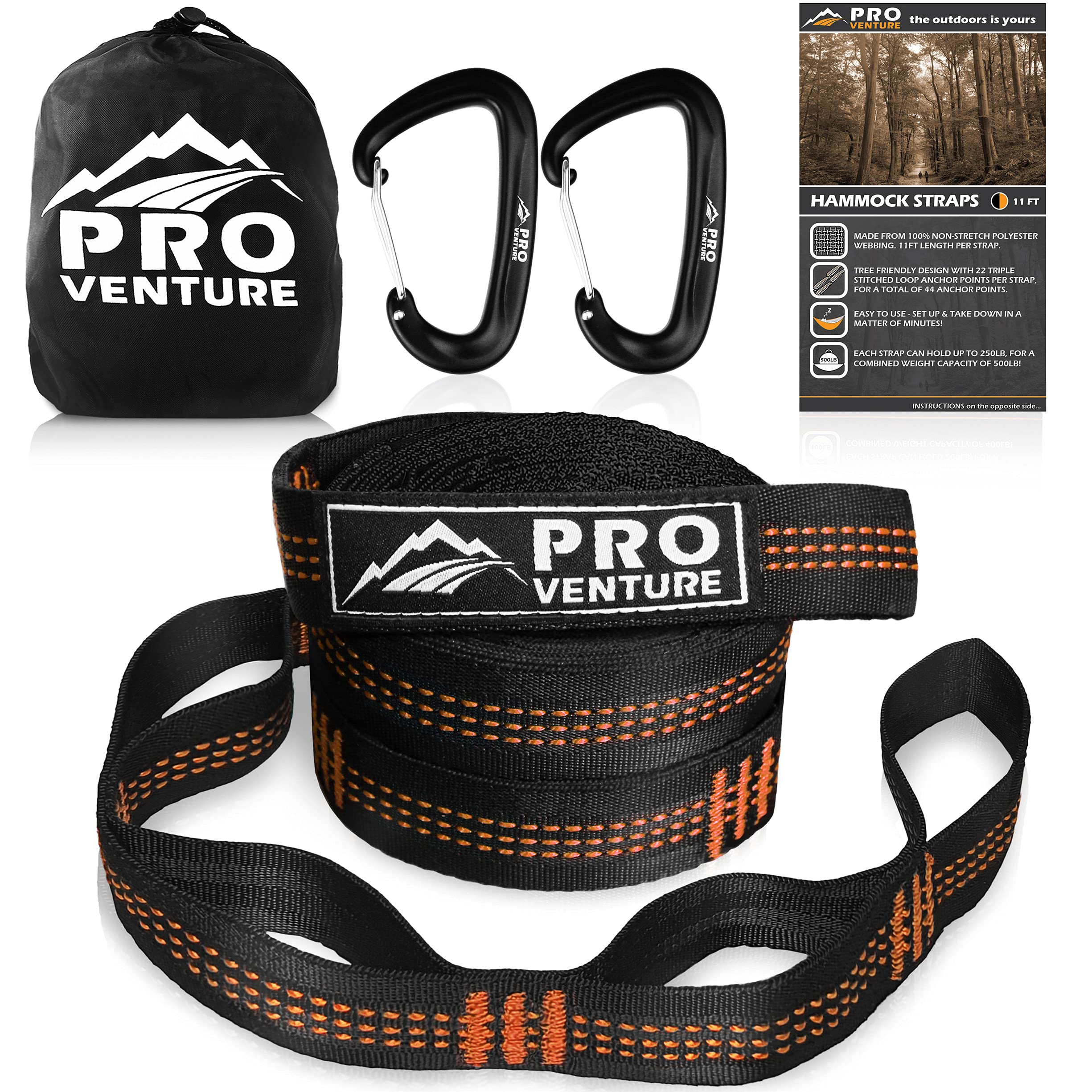 Pro Venture hammock straps and carabiners enable fast setup for outdoor hangs.