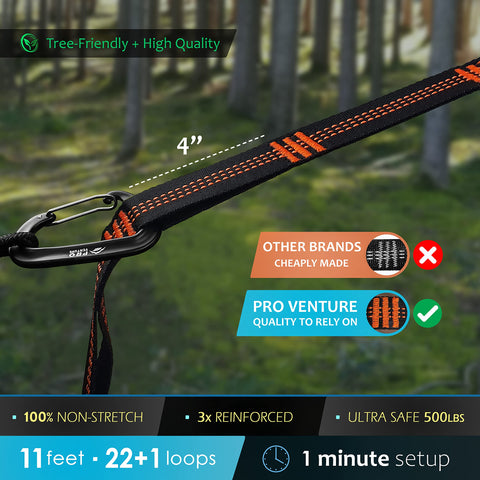 Pro Venture tree-friendly straps protect bark while supporting secure hammock suspensions.