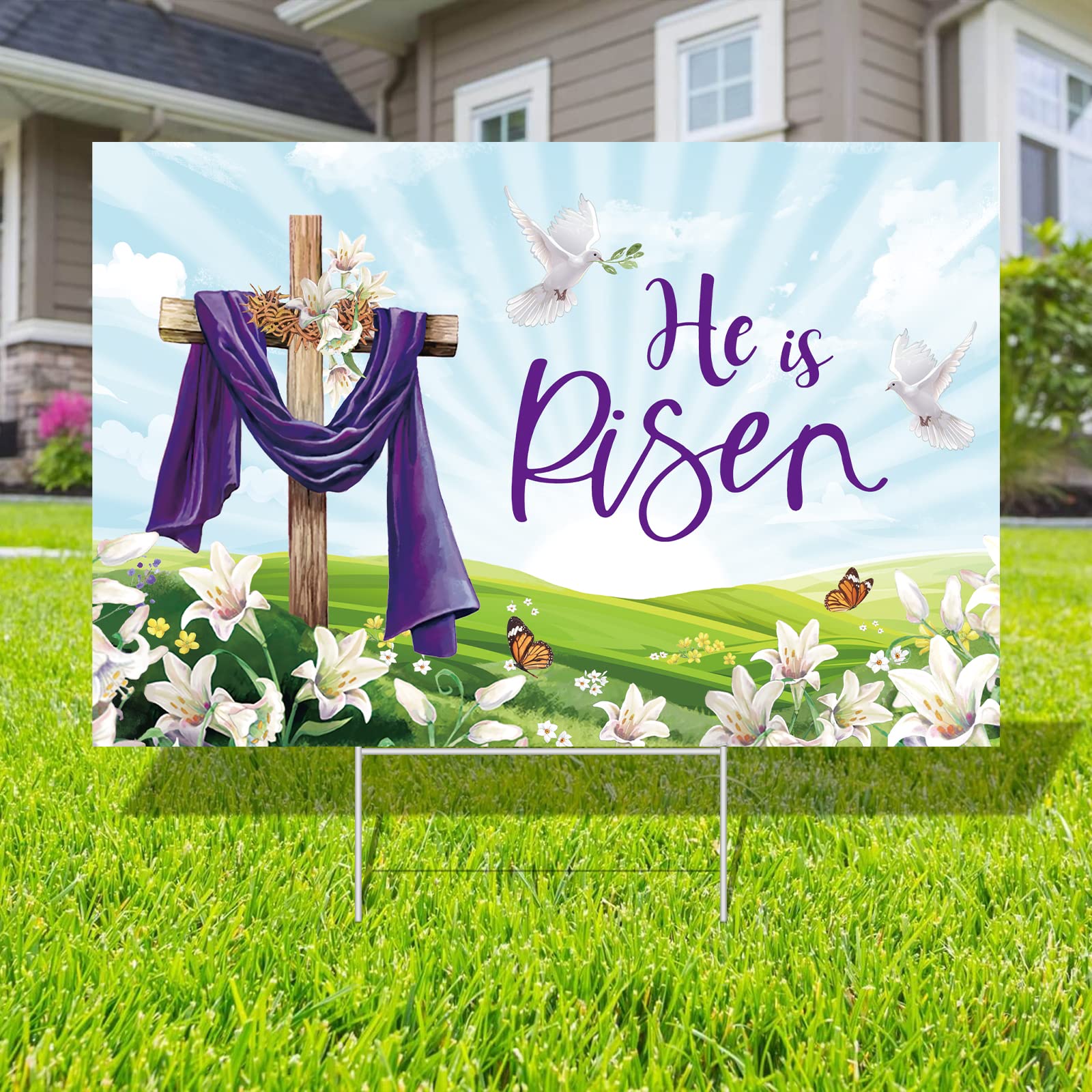 Probsin He Is Risen yard sign with cross for outdoor decor.
