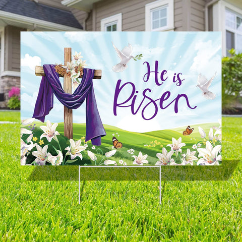 Probsin He Is Risen yard sign with cross for outdoor decor.