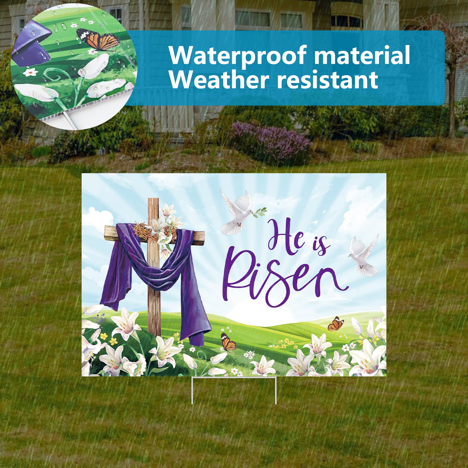Probsin He Is Risen yard sign enhances garden decor and focal point.