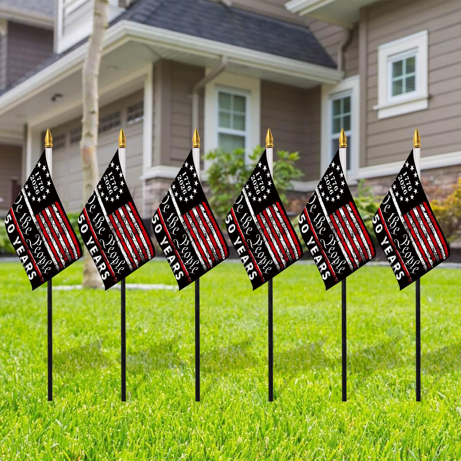 Probsin outdoor flag display on lawn creating a festive backdrop
