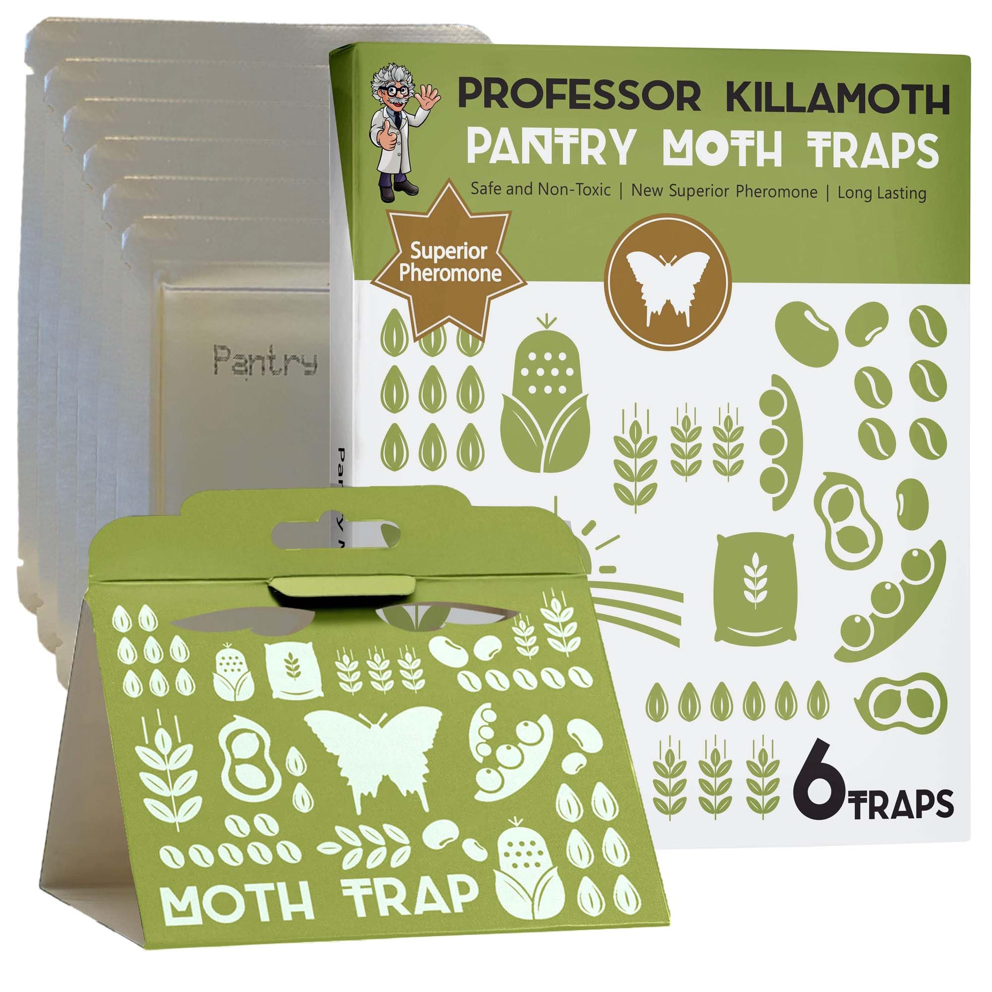 Professor Killamoth pantry moth traps 6-pack ready for in-pantry deployment to protect dry goods.