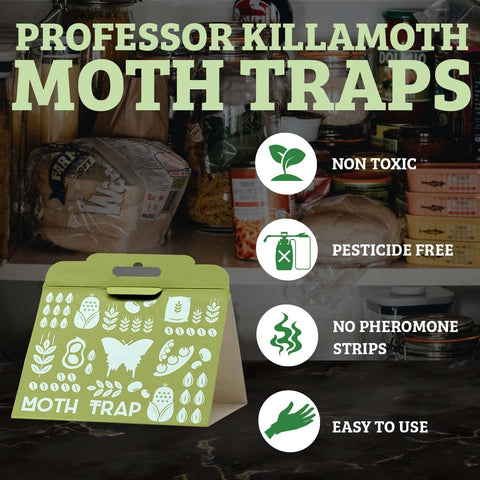 Professor Killamoth traps in use on kitchen shelf protecting staples