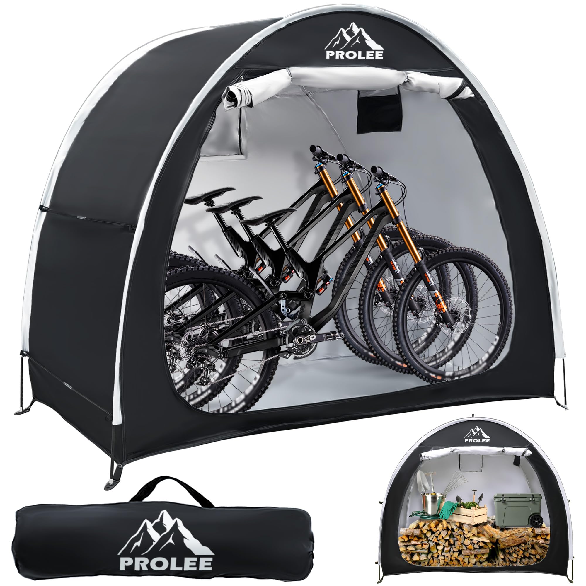 PROLEE Bike Shed shows 79-inch length, protecting two bikes from rain and dust