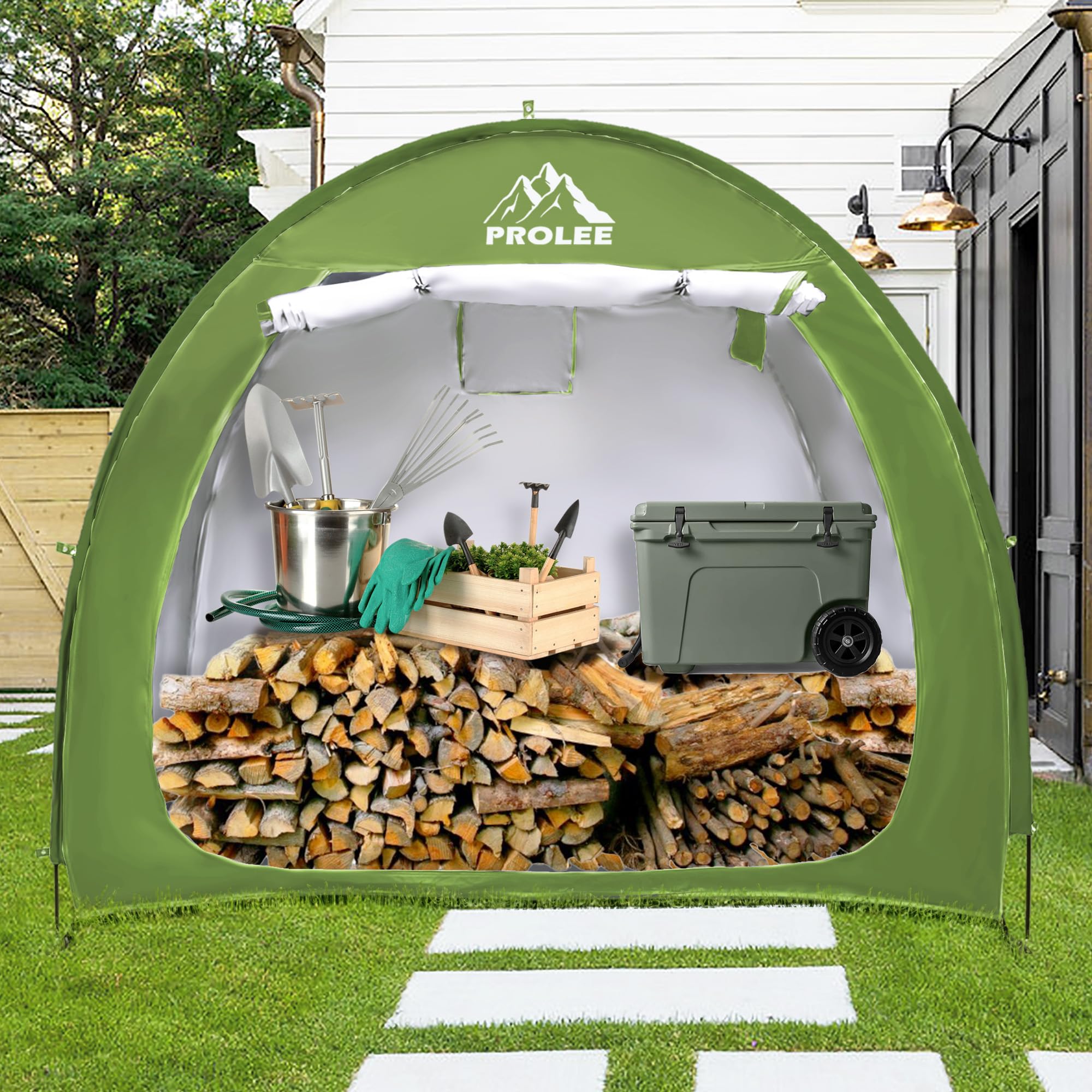 PROLEE green bike tent blends with outdoor spaces.