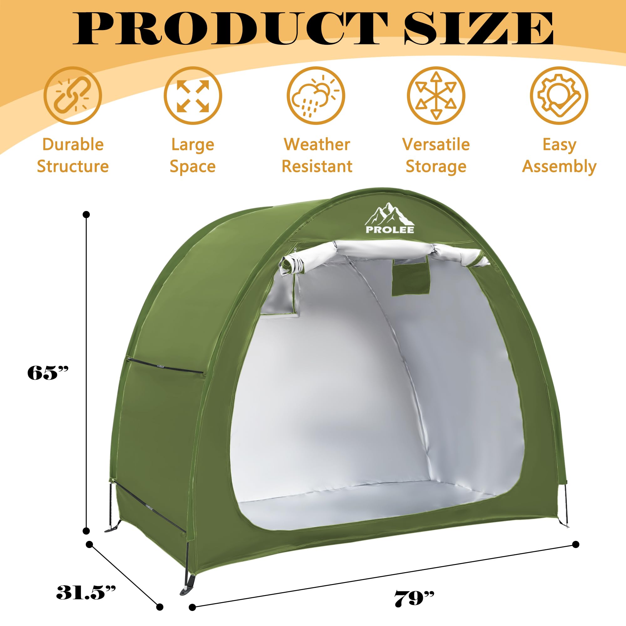 PROLEE tent with sealed zippers keeps bike area dry.
