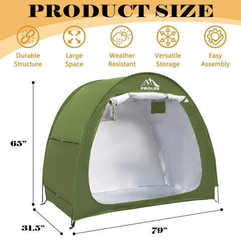 PROLEE tent with sealed zippers keeps bike area dry.