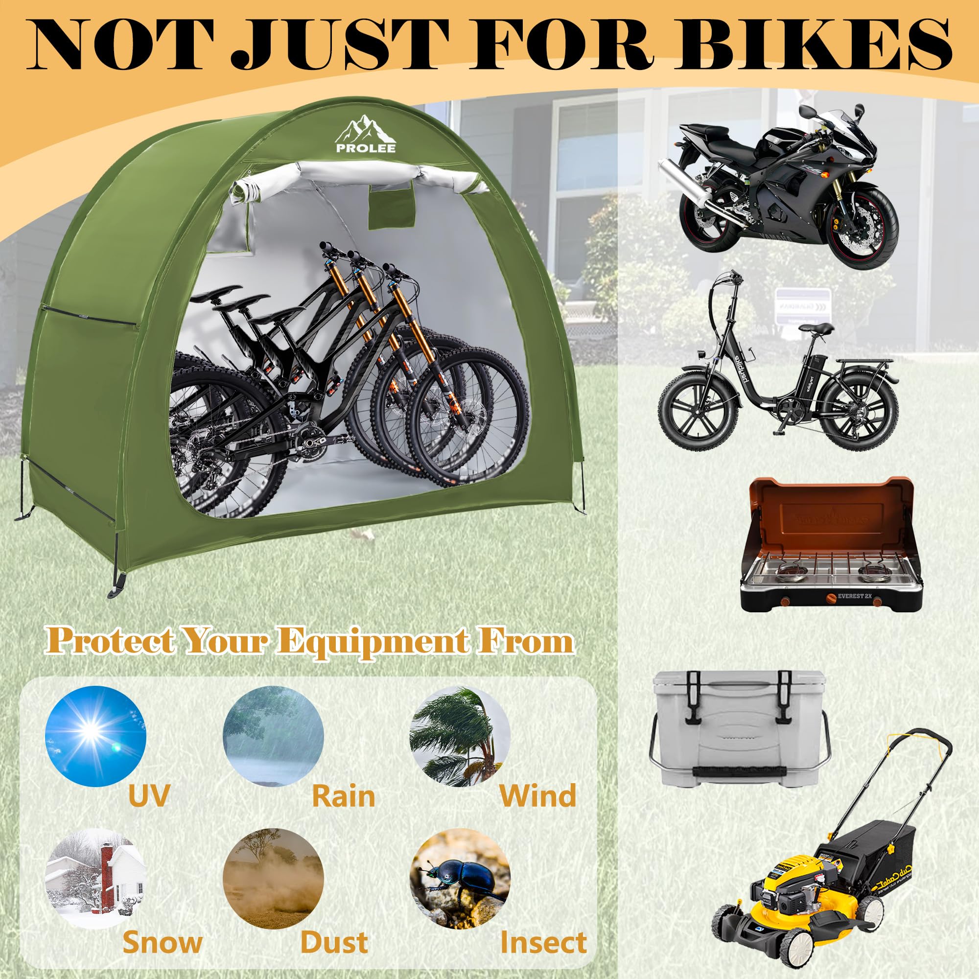 PROLEE waterproof Oxford fabric shields bikes from rain and snow.