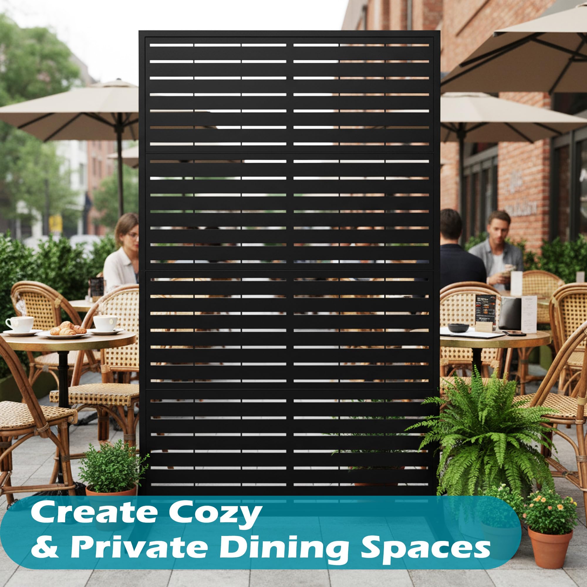 Patio setup showing privacy panel matching modern outdoor décor.