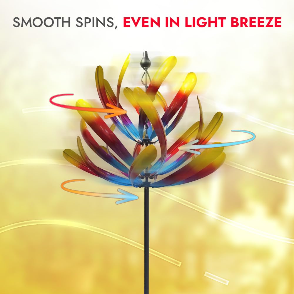 PROMISED FARM metal flower art spins smoothly on a sturdy base.