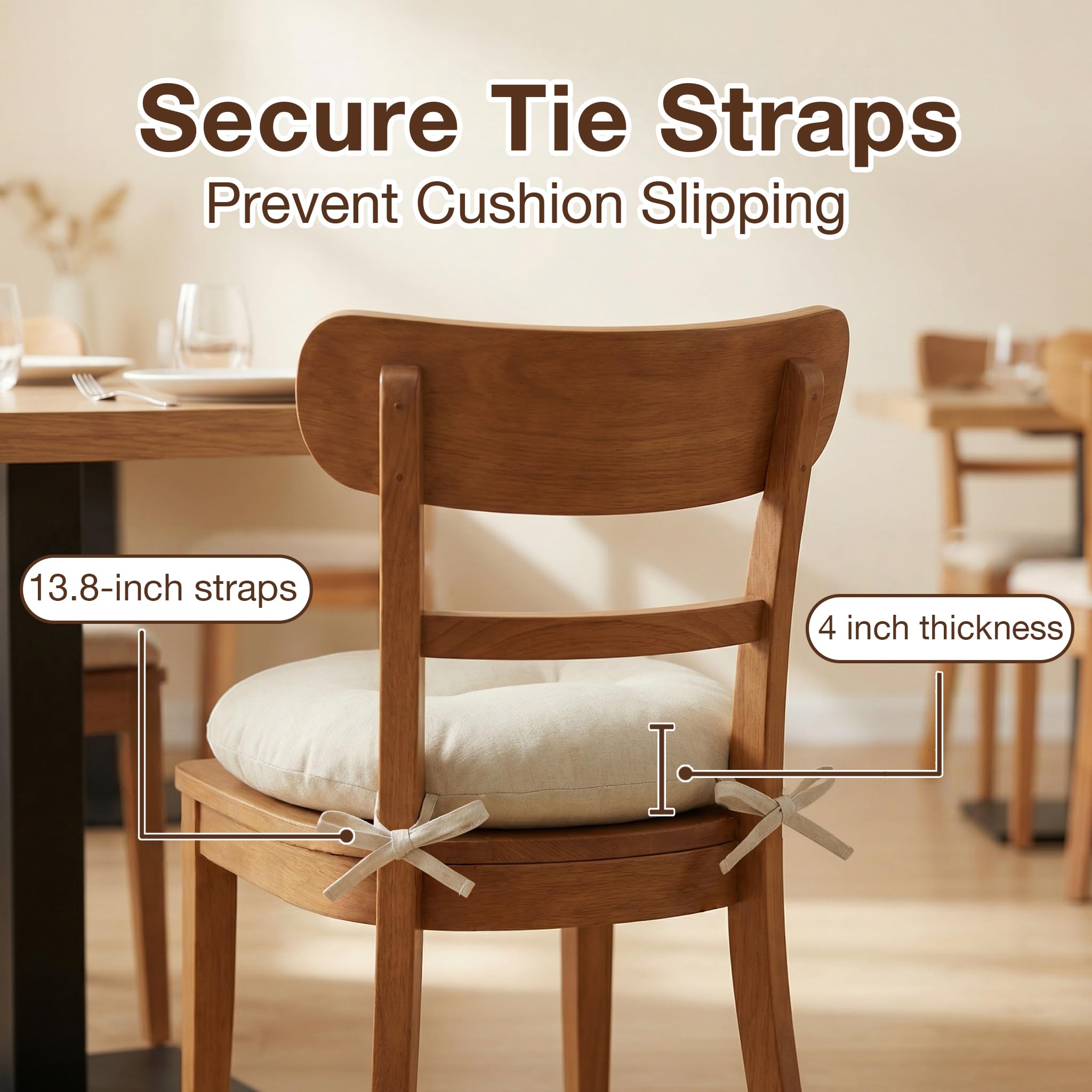 PRONOUS cushion shows attached ties to stay secured on chair.