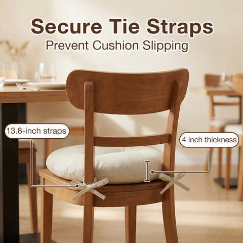PRONOUS cushion shows attached ties to stay secured on chair.