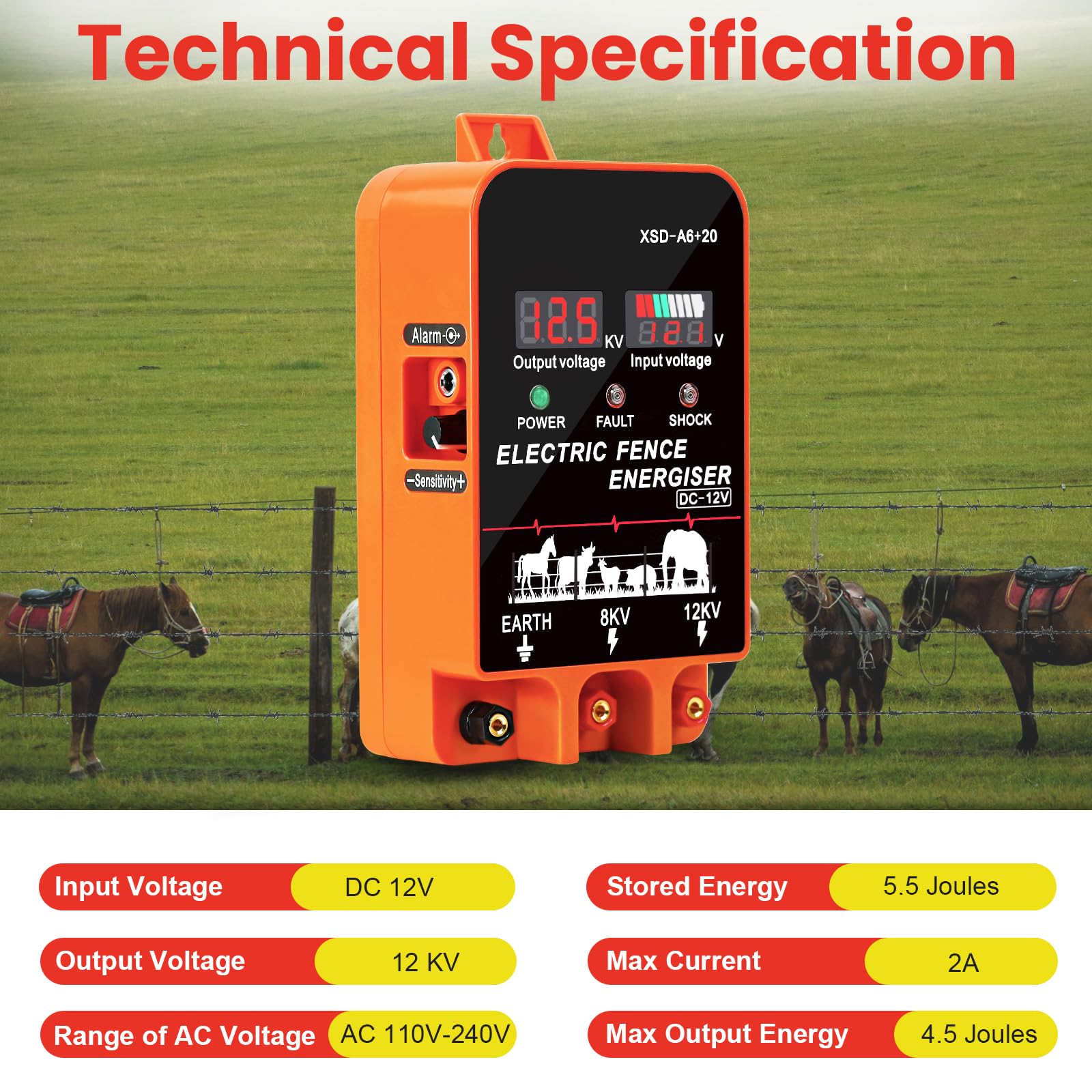 PROOVEELLY 5.5J fence charger shows power supply options including AC, battery, and solar