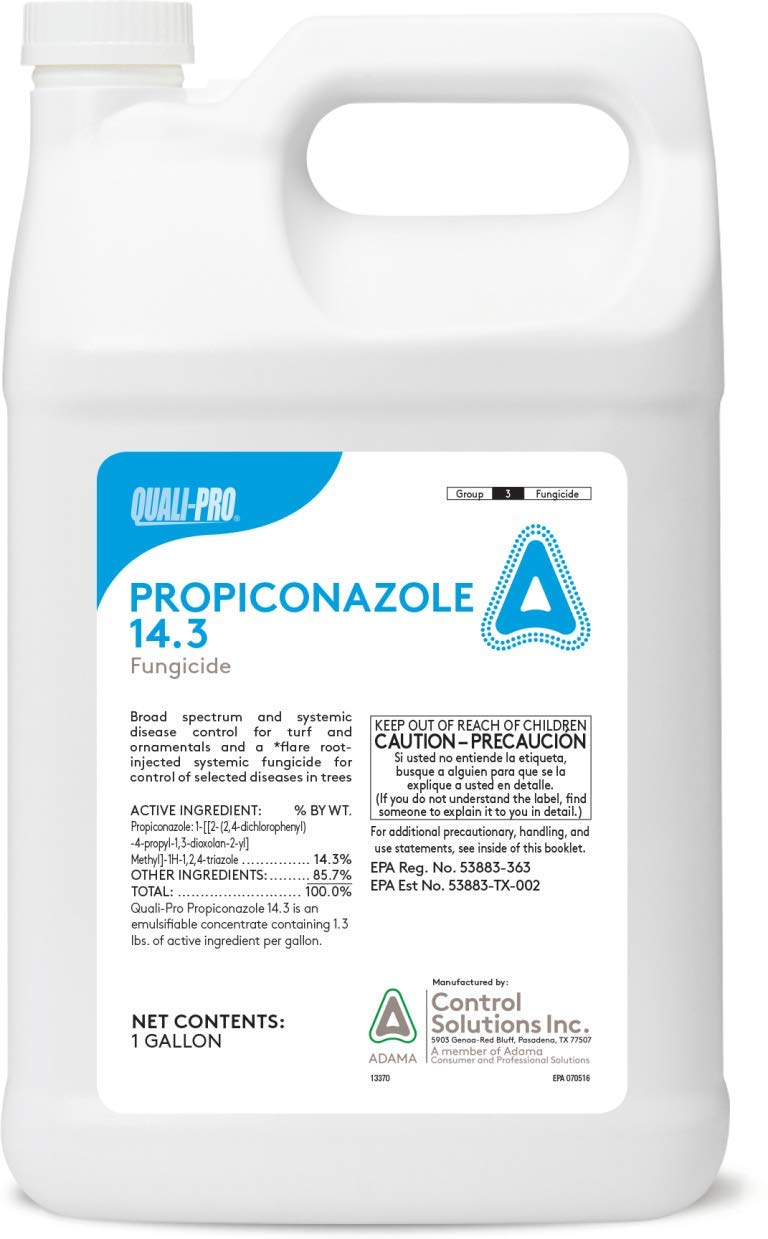 Propiconazole bottle pour demonstrates a fungicide for brown patch control in turf and ornamentals.