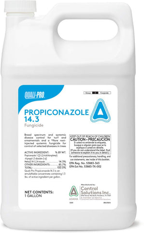 Propiconazole bottle pour demonstrates a fungicide for brown patch control in turf and ornamentals.